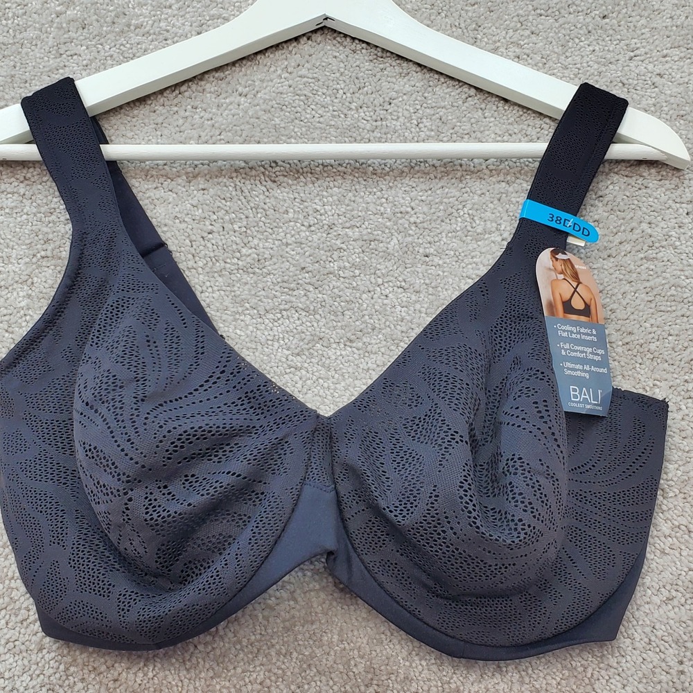 Bali Full Coverage Bra Womens 38DDD Black NWT Cooling Lace Smoothing DF4584